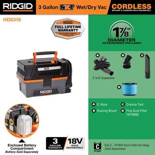 RIDGID 3 Gallon 18-Volt Cordless Handheld NXT WetDry Shop Vacuum (Tool Only) with Filter Expandable Hose and Accessories HD0318