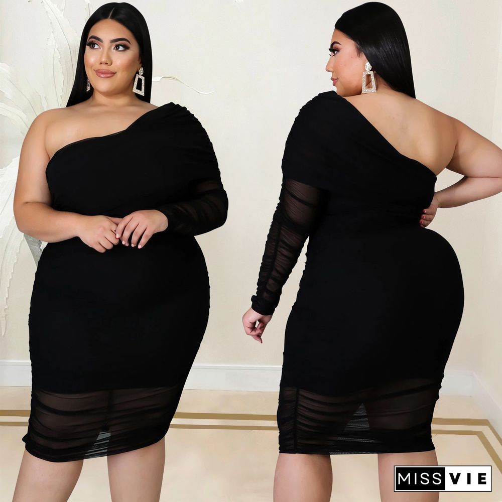 Plus Size Mesh Solid Single Sleeve Bodycon Dress