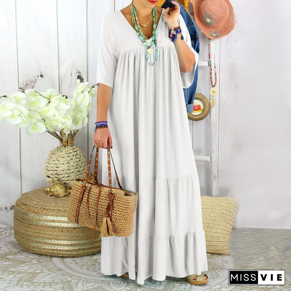 Women's Fashion Maxi Dress Casual Short Sleeve V Neck Loose Pleated Tunic Dress Kaftan Dress Kleid Plus Size