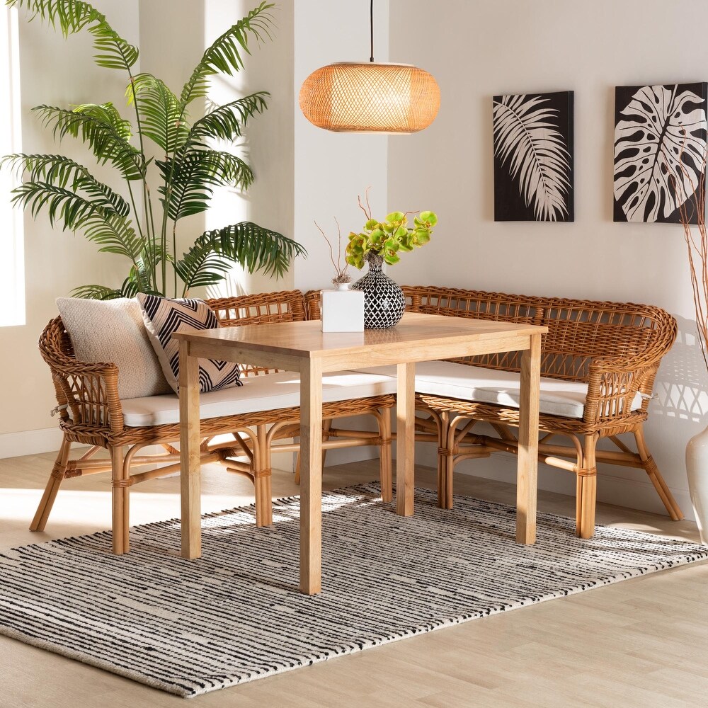 Nella Bohemian Natural Brown Finished Wood and Rattan 3 Piece Dining Nook Set