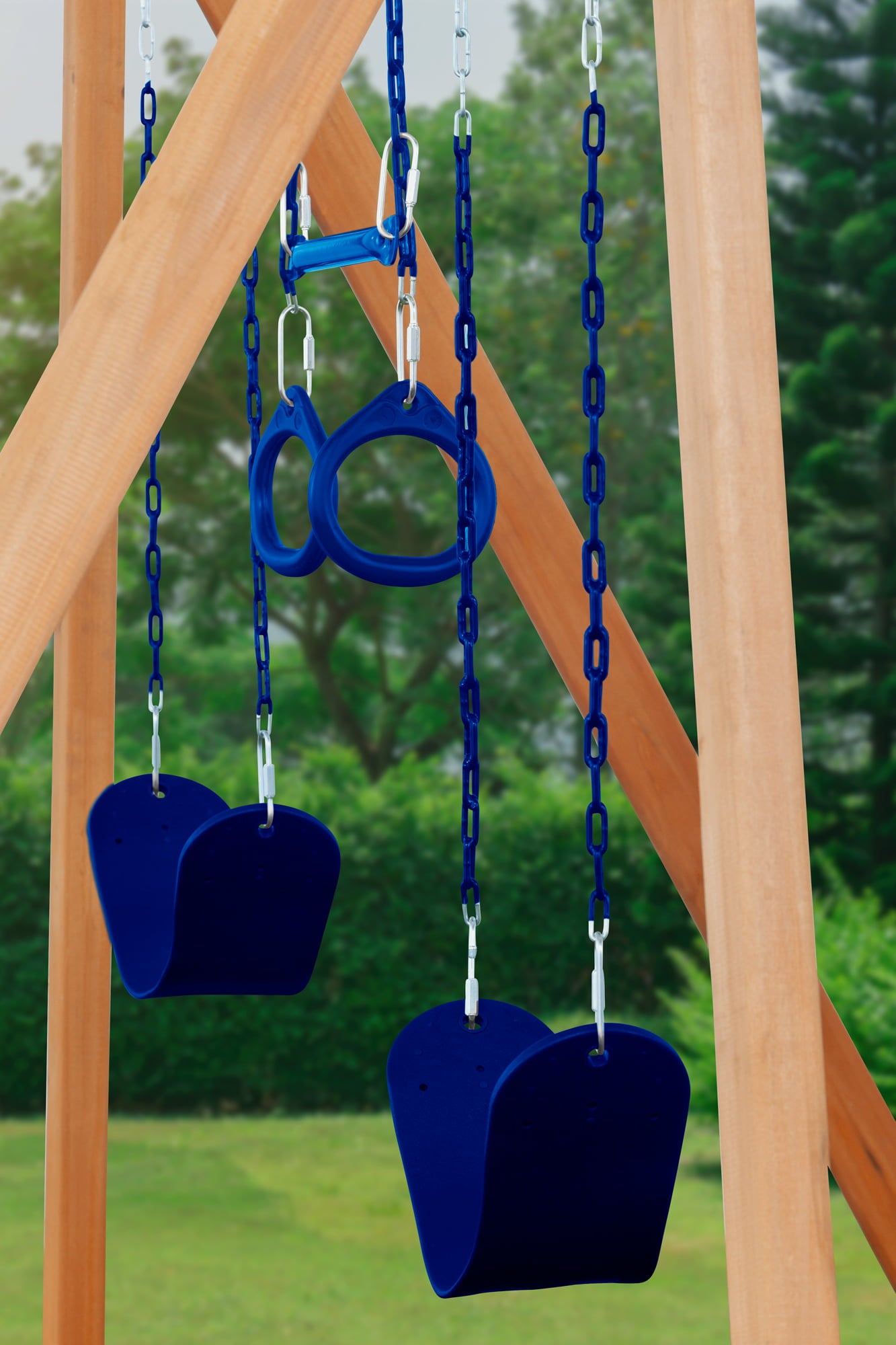 Trailside Cedar Swingset with Belt Swings and Trapeze Bar， All Wood， Hardware， and Assembly Instructions Included