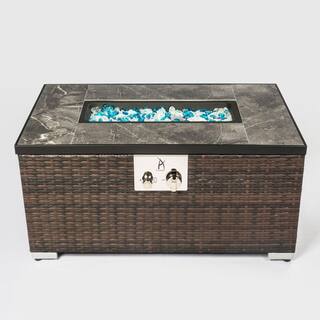 50000 BTU Brown Rattan 32 in. Fire Table Gas Fire Pit Table with Tile Tabletop and Waterproof Rain Cover Suiyuaneryu-70