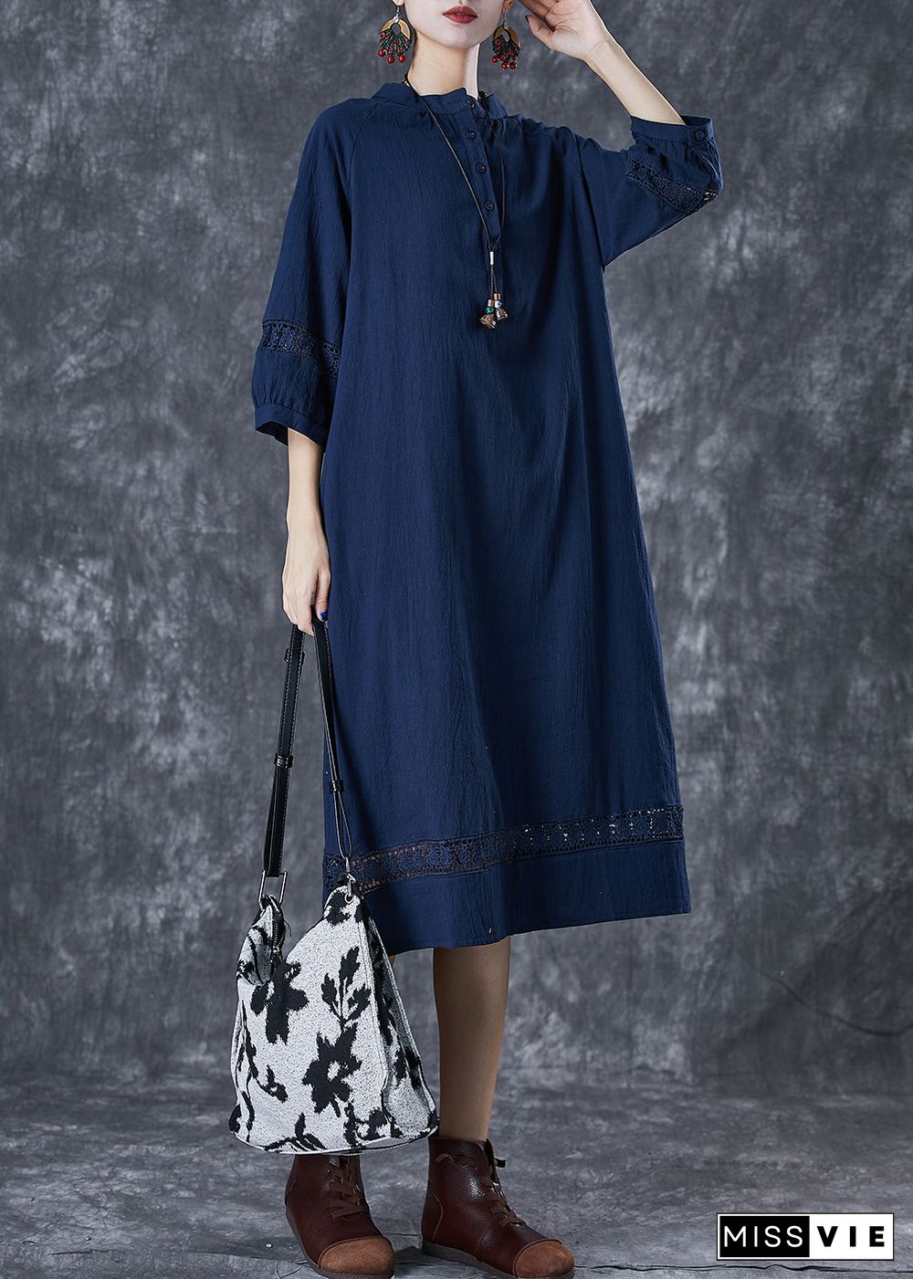 Navy Hollow Out Cotton Maxi Dress Oversized Bracelet Sleeve