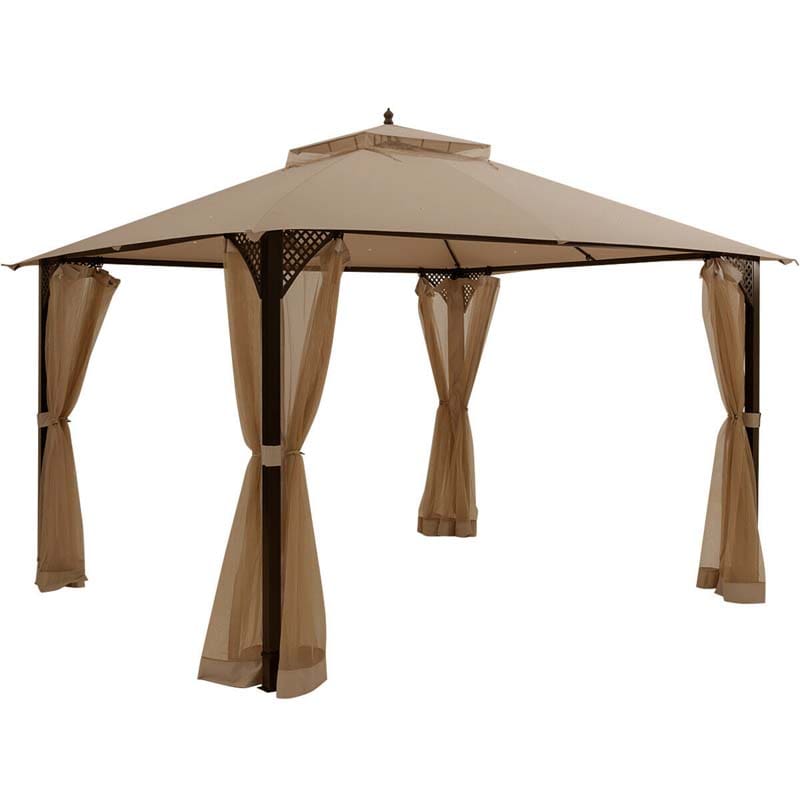 12 x 10 FT Patio Metal Gazebo with Netting & 2 Tier Roof, Heavy Duty Outdoor Canopy Gazebo Tent for Party