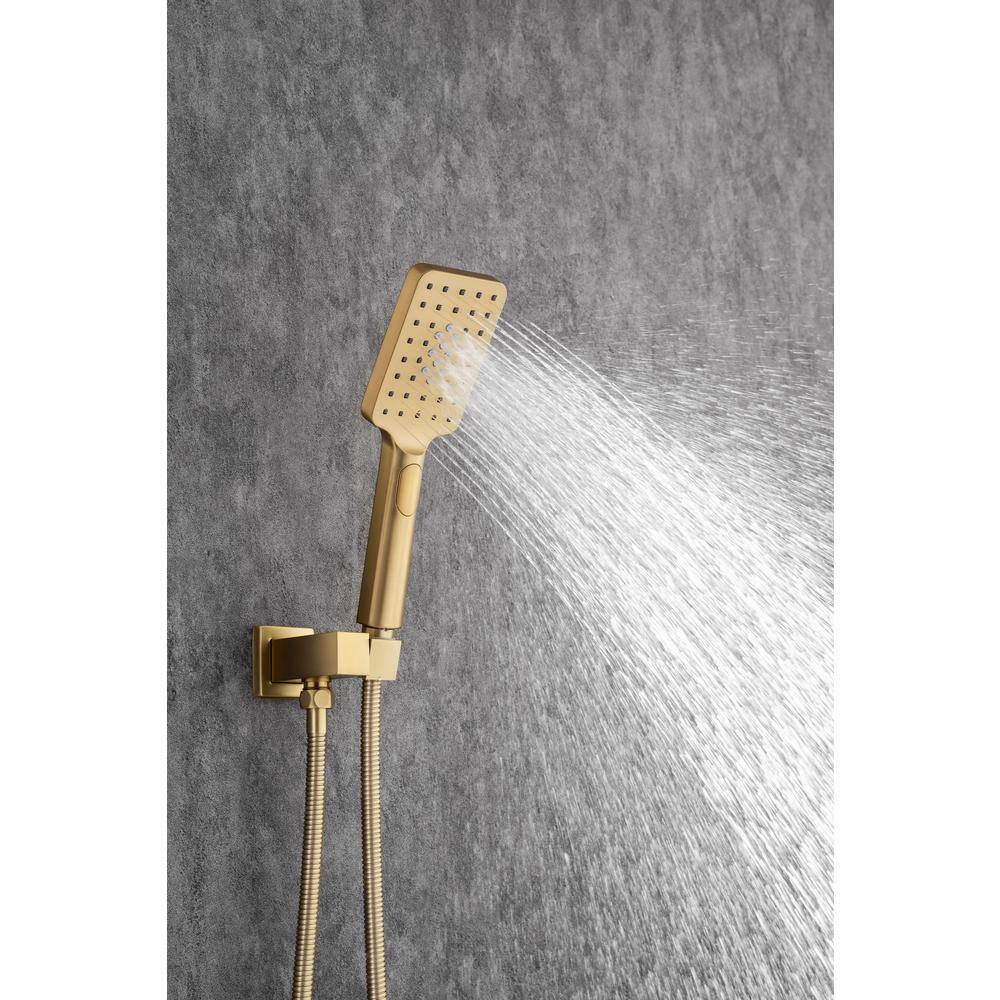 Mondawe Mondawell Square 3-Spray Patterns 12 in. x 8 in. Wall Mount Rain Dual Shower Heads with Handheld  Valve in Brushed Gold MA-D97202LSJ