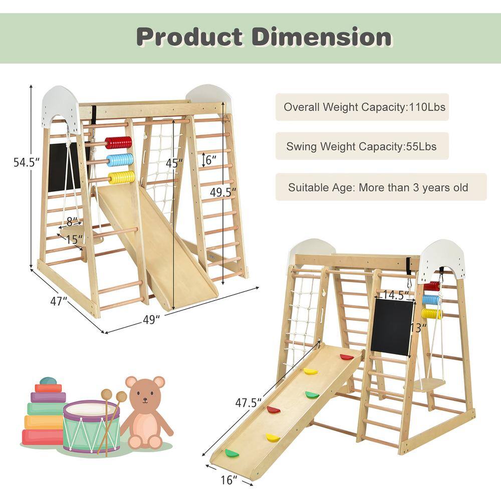 Costway Natural Indoor Playground Climbing Gym Kids Wooden 8-in-1 Climber Playset for Children TY328218NA+