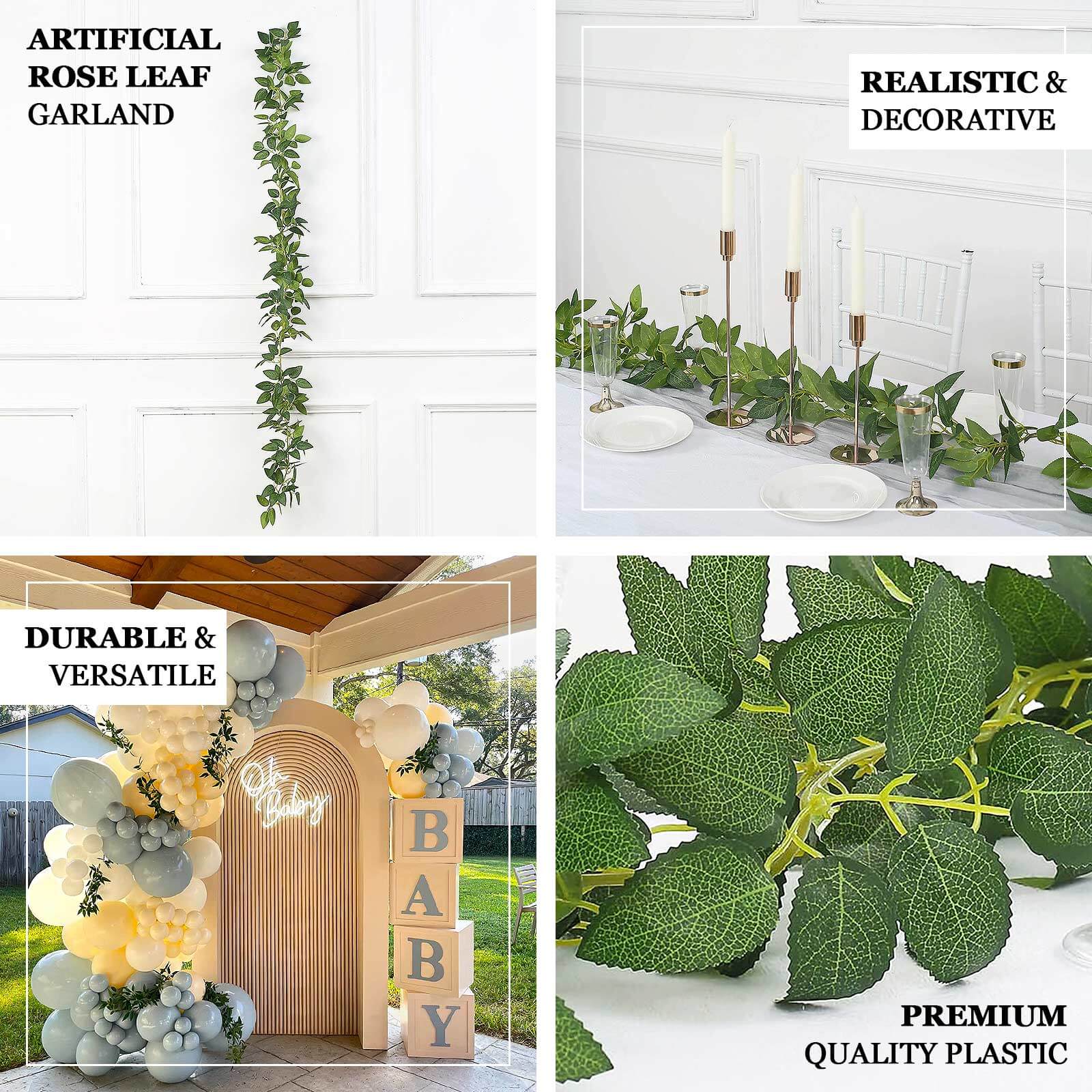 Real Touch Green Artificial Silk Rose Leaf Table Garland, Flexible Hanging Greenery Vine 6ft