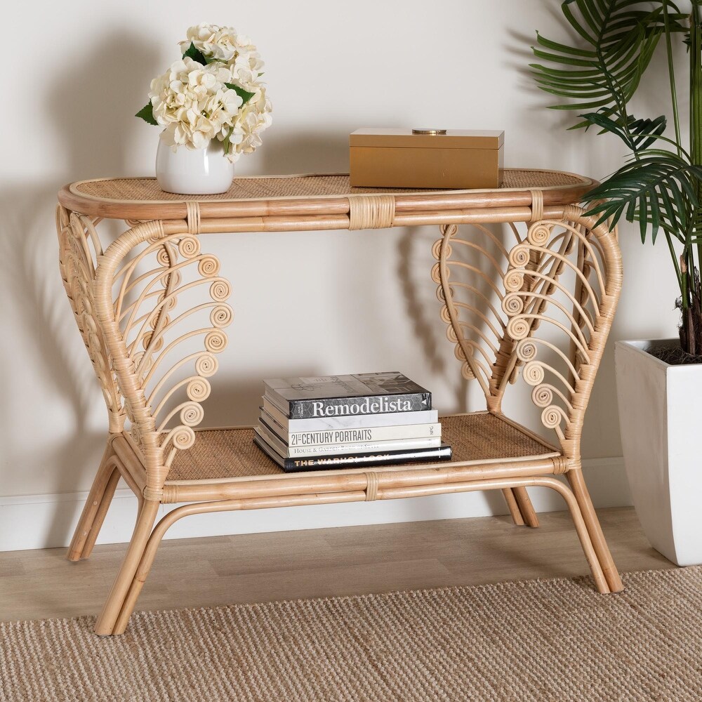 Bastet Modern Bohemian Natural Brown Rattan 2 Tier Console Table