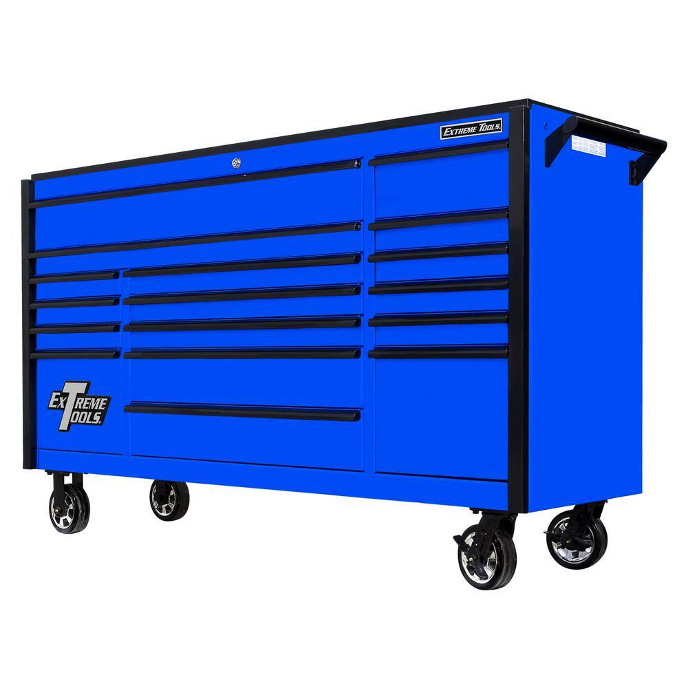 Extreme Tools DX Series 72 in. 17-Drawer Roller Cabinet Tool Chest in Blue with Mag Wheels and Black Drawer Pulls DX722117RCBLBK