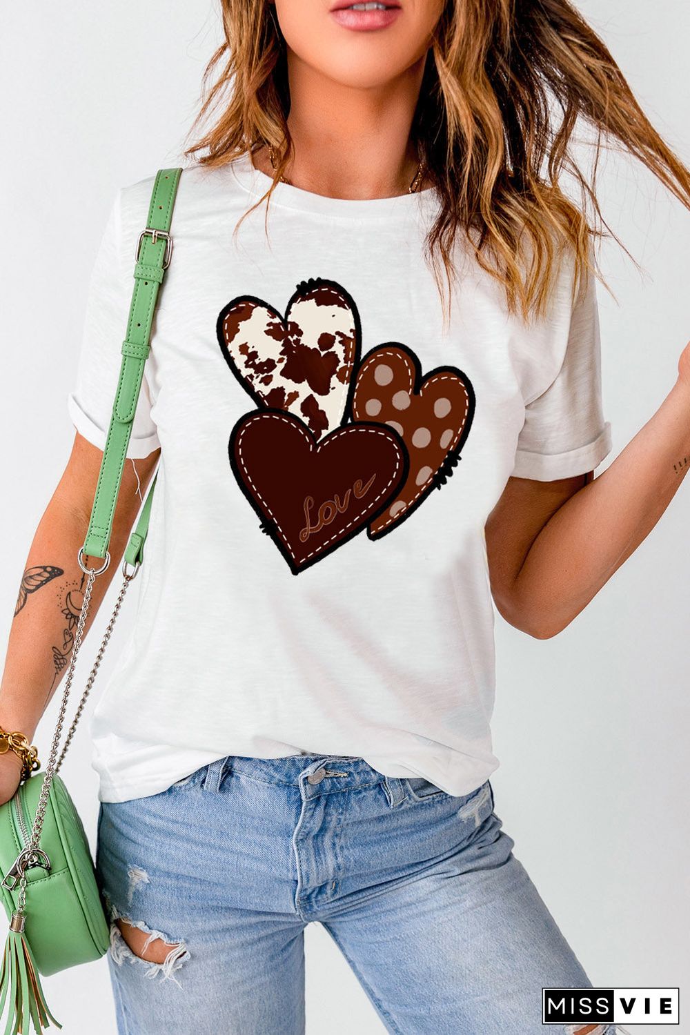 White Valentine'S Western Fashion Day Heart Print T-Shirt