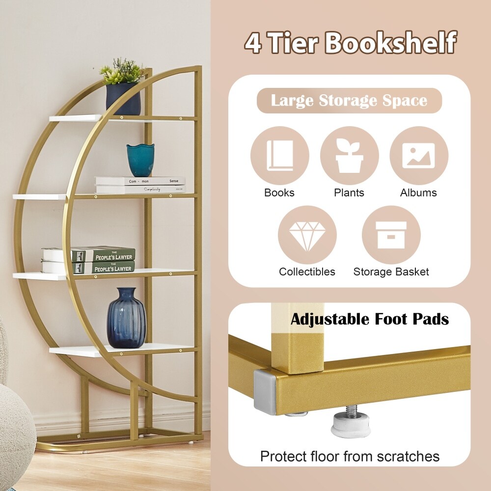 4 Tiers Home Office Round Shape Open Bookshelf Golden White