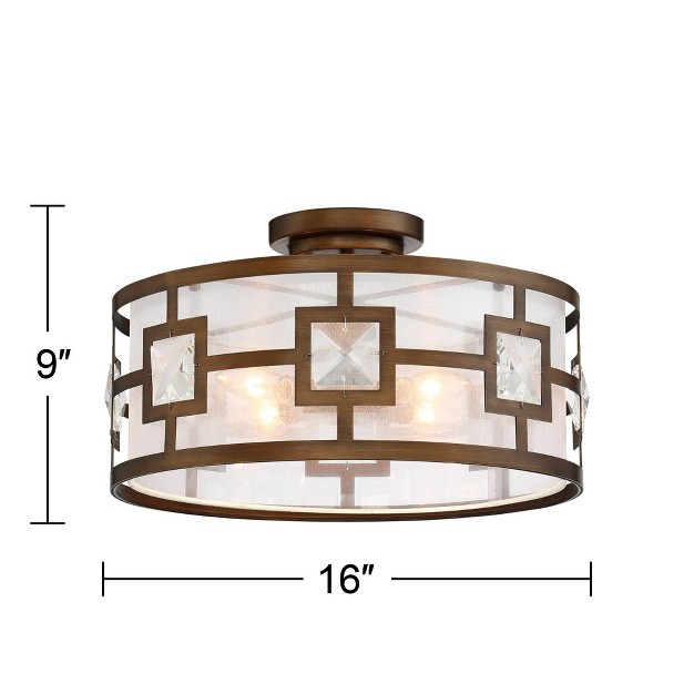 Wide Warm Bronze 3 light Crystal Organza Drum Shade For Living Room