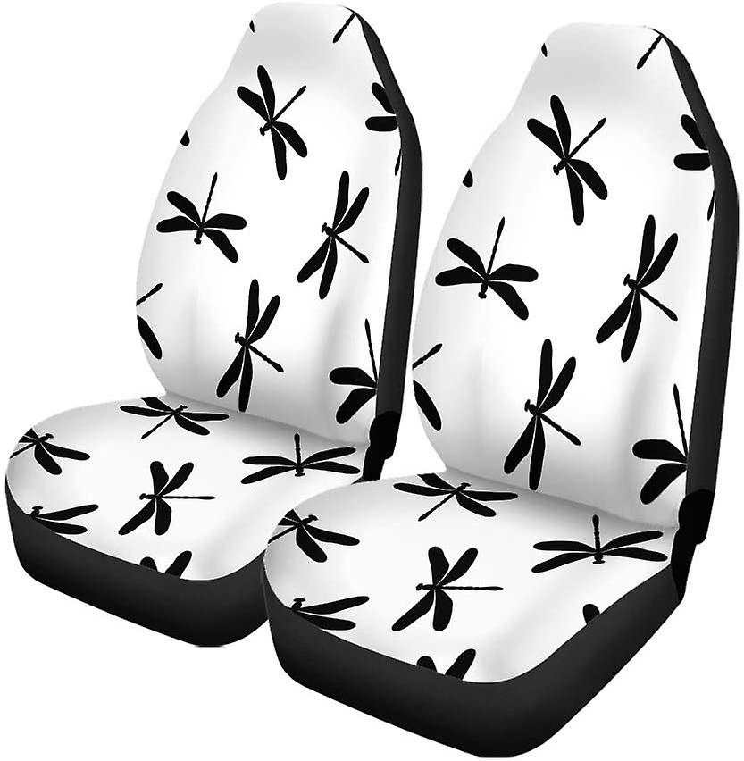 Set Of 2 Car Seat Covers Insects Flat Simple Black On White Dragonfly Achromatic Cute Universal Auto Front Seats Protector Fits