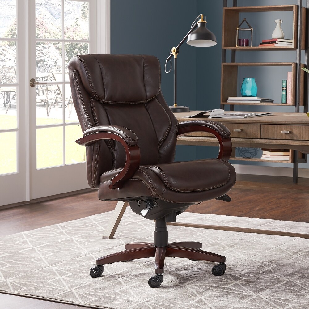 La Z Boy Bellamy Executive Leather Office Chair with Memory Foam Cushions  Solid Wood Arms and Base  Waterfall Seat Edge