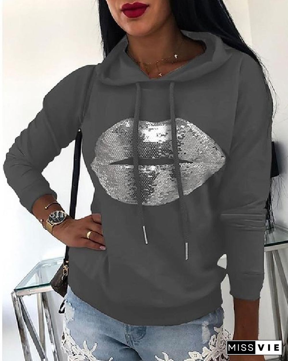 Fall Winter Printed Lip Loose Hoodies