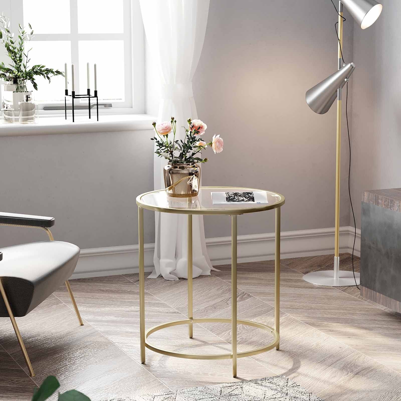 VASAGLE Round Side Table， Tempered Glass End Table with Golden Metal Frame， Small Coffee Table， Bedside Table - 7'6