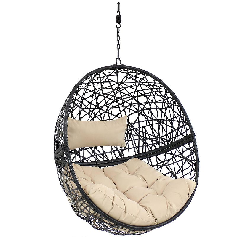 Sunnydaze Black Resin Wicker Round Hanging Egg Chair with Cushions - Yellow