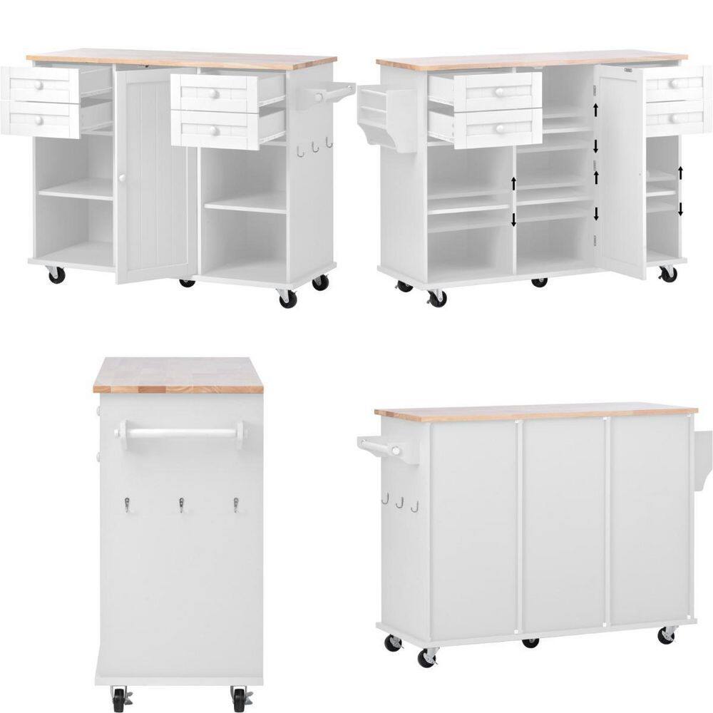 Tileon White MDF Kitchen Island with Rubber Wood Top Drawers Adjust Shelves Spice Rack and Hooks AYBSZHD2200