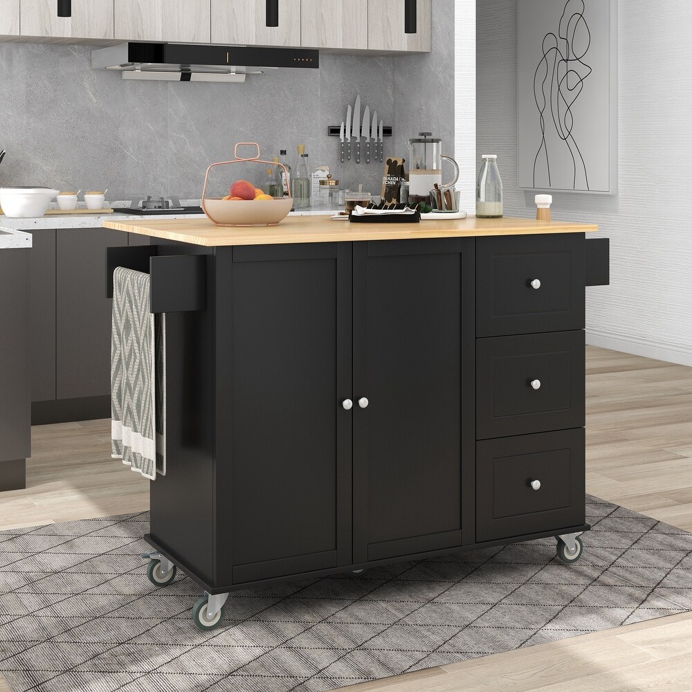 Rolling Mobile Kitchen Island with Drop Leaf   Solid Wood Top  Locking Wheels   Storage Cabinet and 3 Drawers