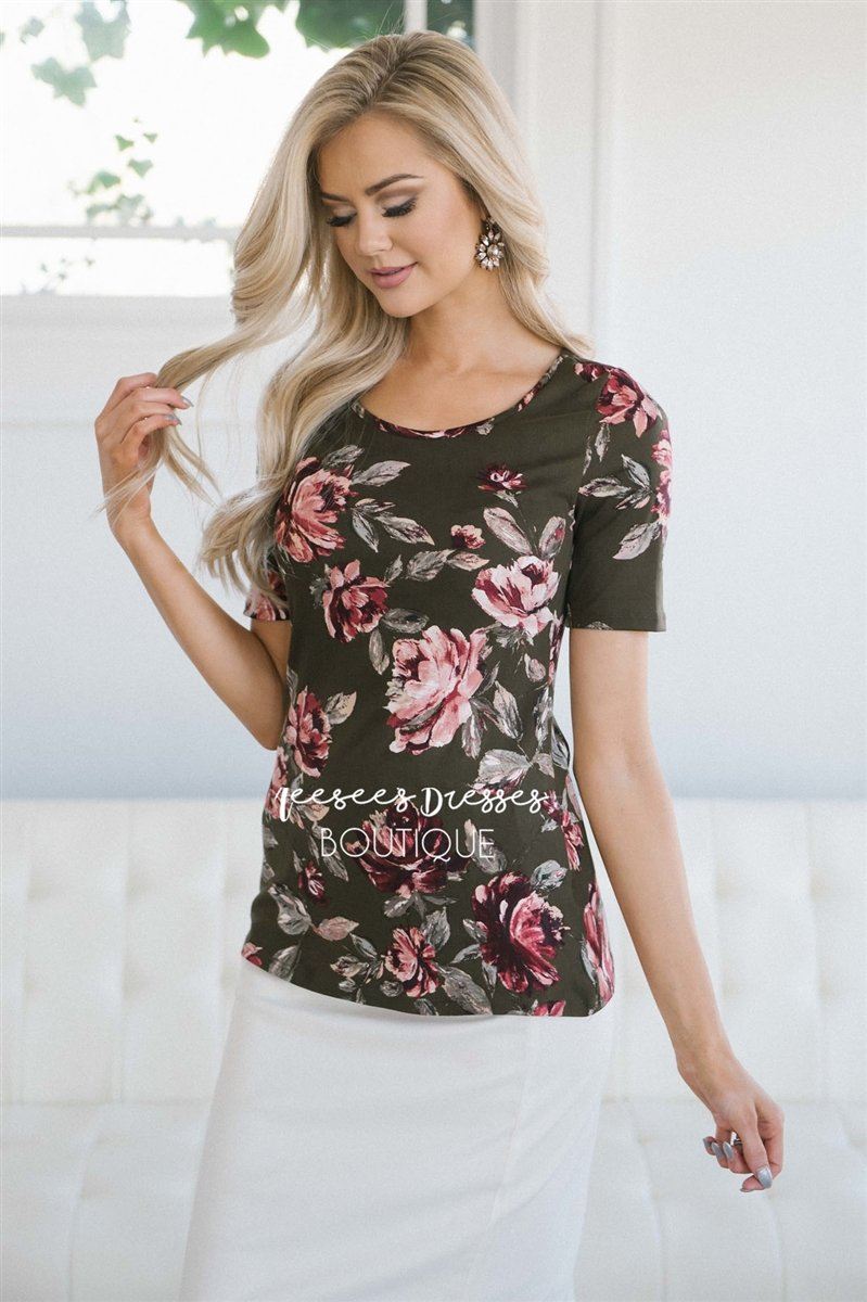 Olive Floral Scoop Neck Top