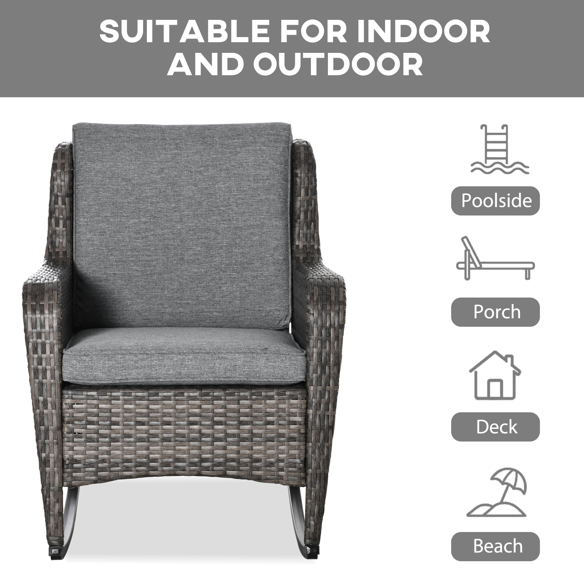 Outsunny Patio Wicker Rocking Chair, Outdoor PE Rattan Swing Chair W/ Soft Cushions, Classic Style for Garden, Patio, Lawn, Mixed Grey Matte Brown, Gray