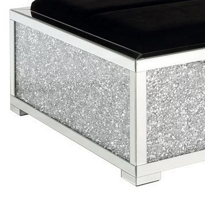 Mirrored Ottoman with Cushioned Seat and Faux Diamonds， Silver