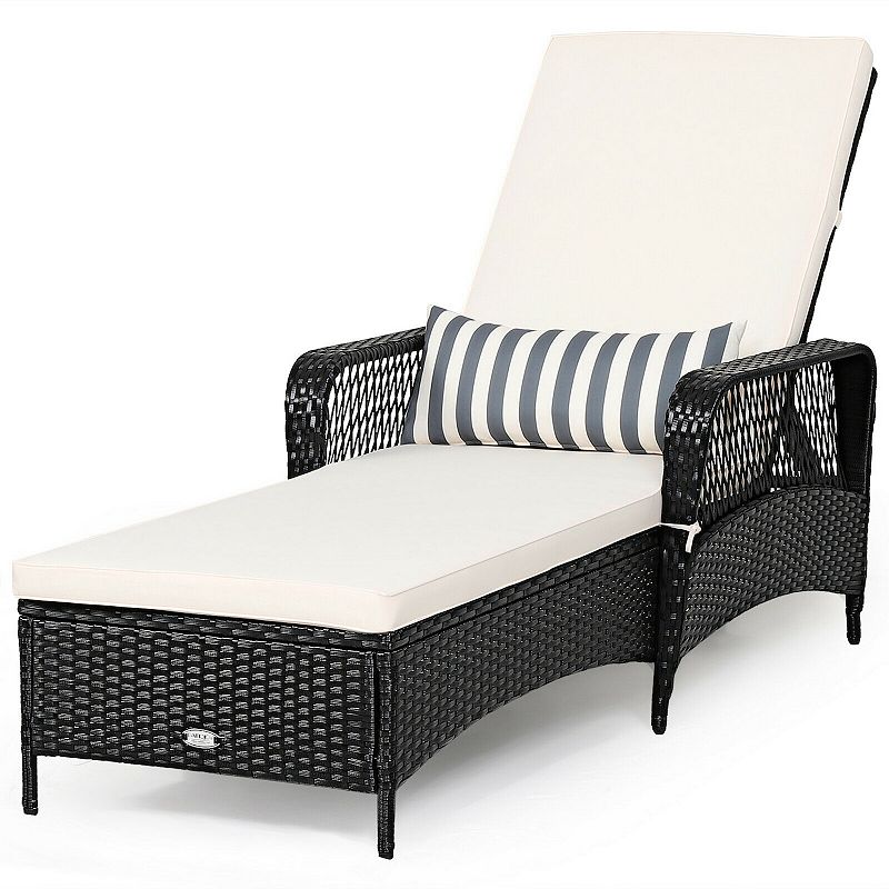 Patio Wicker Chaise Lounge Chair with Pillow and Adjustable Backrest