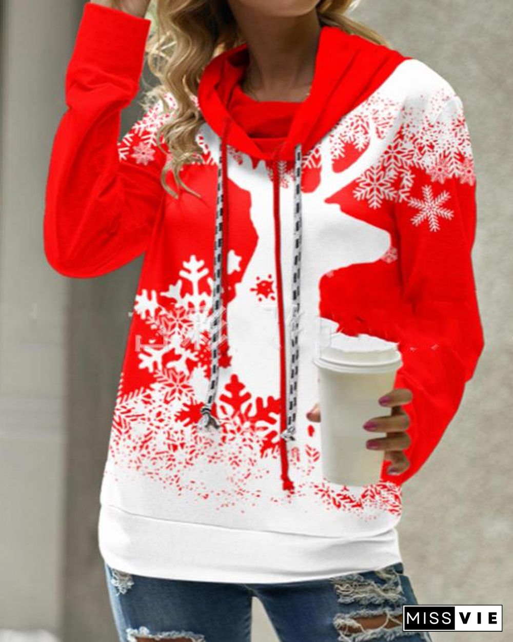 Drawstring Christmas Snowflake Elk Print Red and Black Sweatshirt