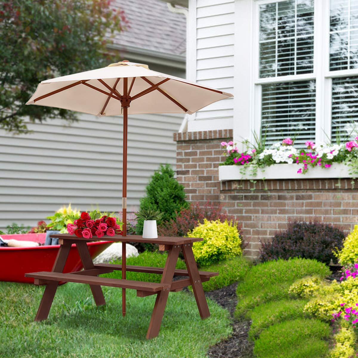 Costzon Kids Picnic Table Set, Wood Table and Bench Set with Removable & Foldable Umbrella