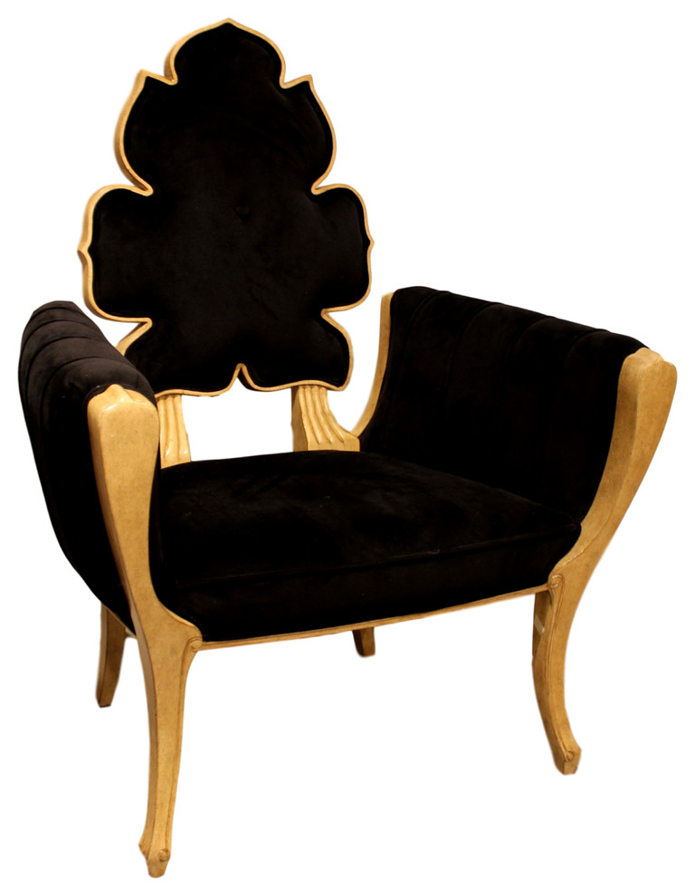 Luxe Elegant Sculpted Velvet Black Arm Chair  Mid Century Modern Wiggle Side   Traditional   Armchairs And Accent Chairs   by My Swanky Home  Houzz