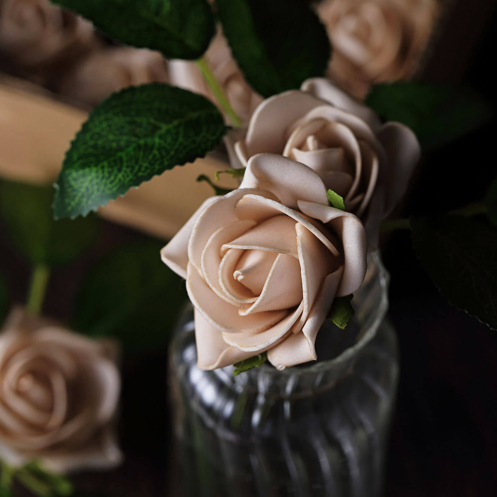 24 Roses Champagne Artificial Foam Flowers With Stem Wire and Leaves 2