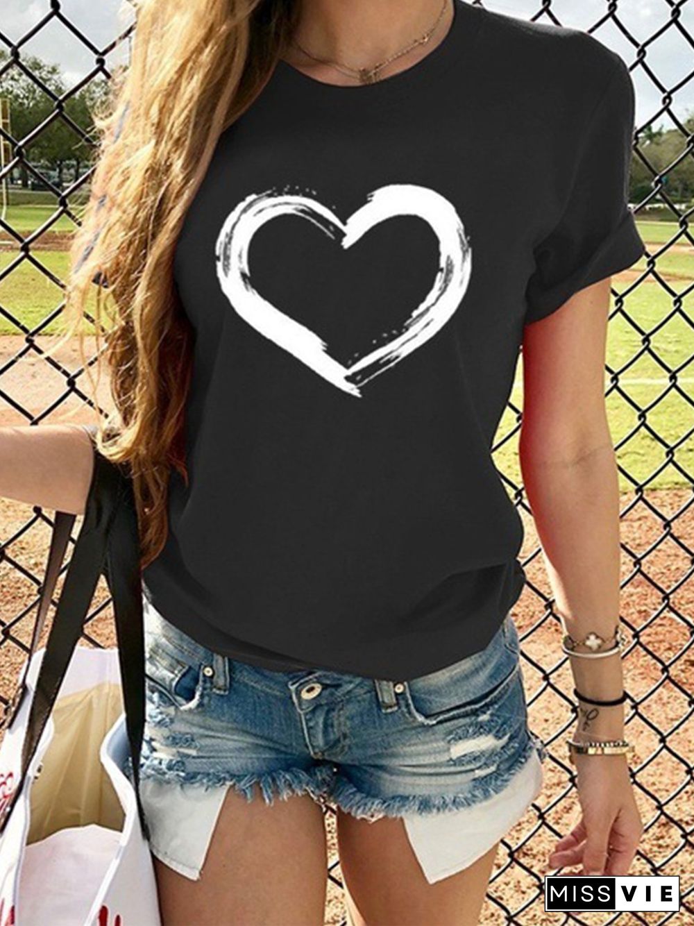 Women Short Sleeve Heart Printed Casual T-Shirts