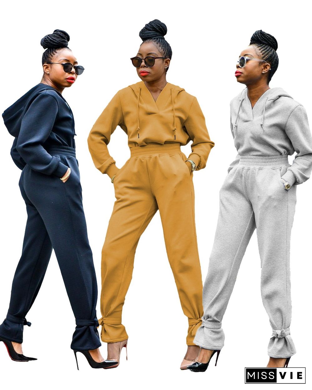 Solid Color V-neck Long Sleeve Hoodie Straight Pants 2piece Set