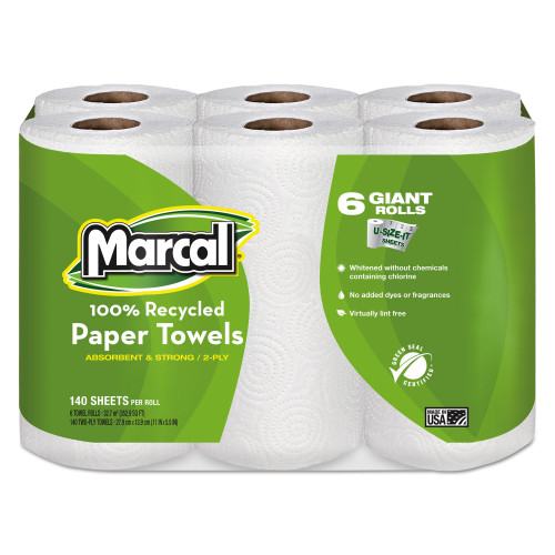 Marcal 100% Recycled Roll Towels， 2-Ply， 5 1/2 x 11， 140/Roll， 6 Rolls/Pack (6181PK)