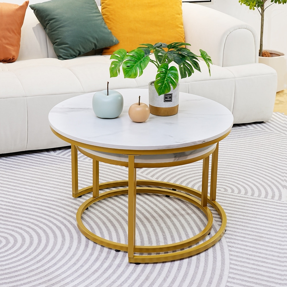 Modern White Marble Coffee Table  Industrial Round Metal Frame in Golden Style   Set of 2 Living Room or Lounge