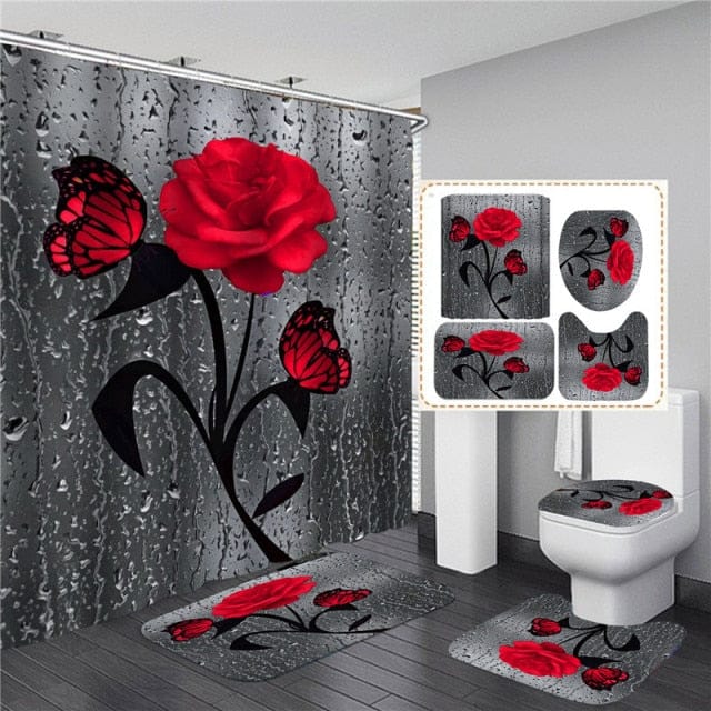 5 Colors Rose Print 3D Waterproof Polyester Shower Curtain or Anti-slip Bath Mat Set