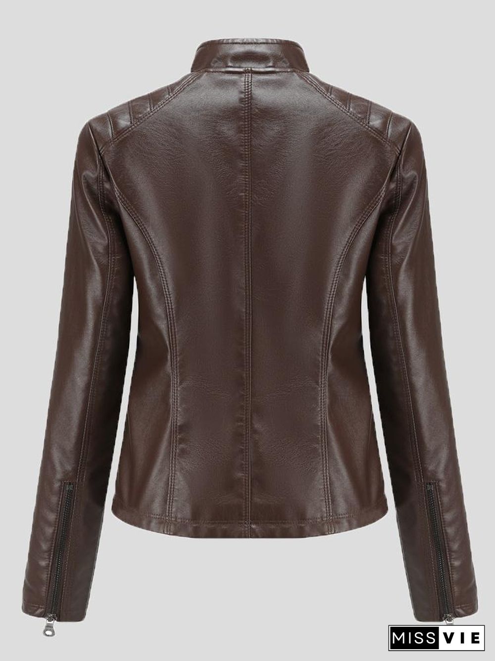 Women's Jackets Casual Stand-Collar Slim Solid Leather Jacket