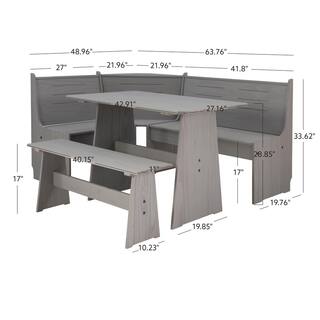 Linon Home Decor Jennings 3-Piece Rectangular Wood Top Grey Corner Nook Set THD03150