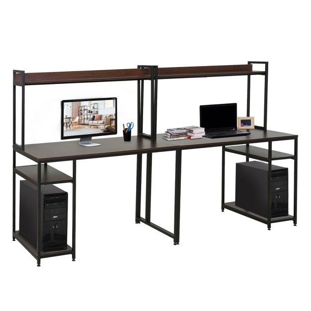 Homcom 94 5in Industrial Double Computer Desk With Hutch And Storage Shelves Extra Long Home Office Writing Table 2 Person Workstation Cpu Stand