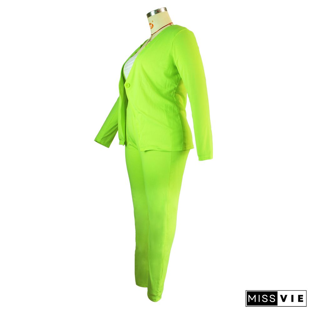 Fluorescent Green Jacket Pencil Pants Plus Size Sets