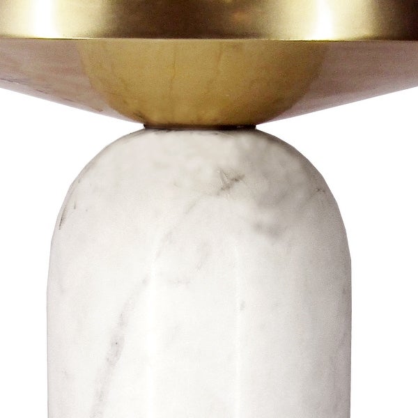 17 Inch Round Brass Modern Accent End Table with Cylindrical Marble Base， Brass， White