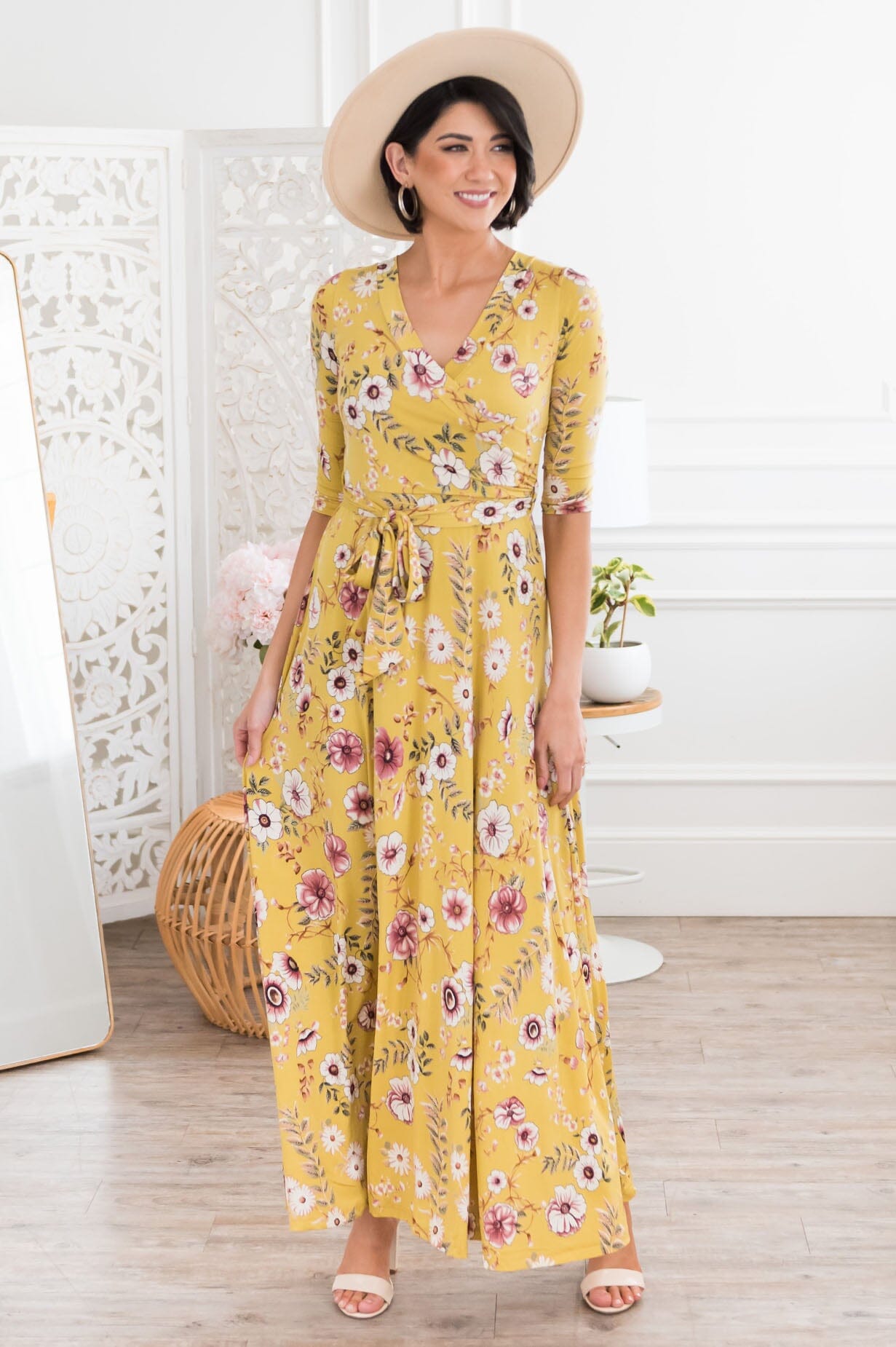 Crystal honey mustard floral plain dress