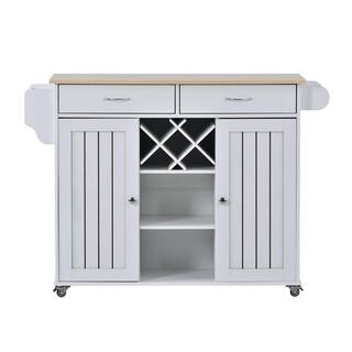 HwoamneT White Kitchen Island Cart with 2 Storage Cabinets 4 Locking Wheels Wine Rack 2-Drawers Spice Rack Towel Rack SH#WF28735WH