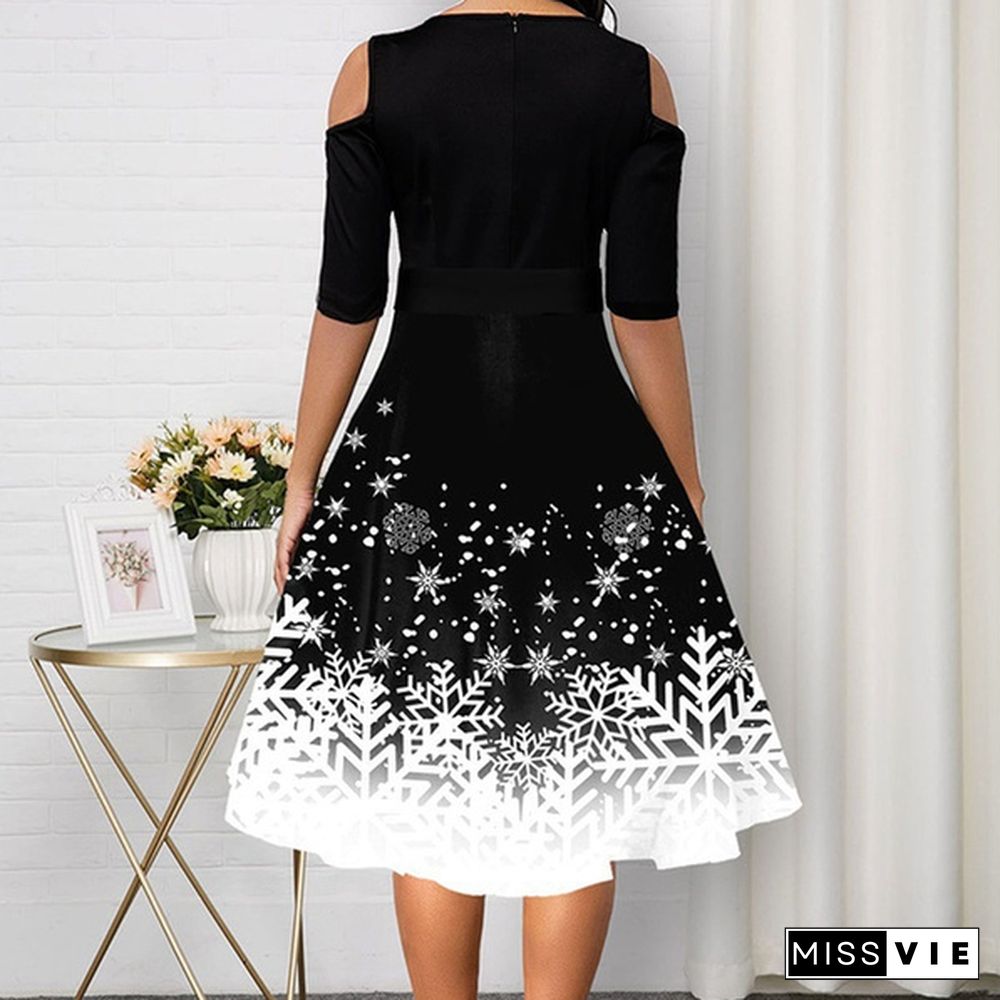 Women Fashion Belted Snowflake Print Christmas Dress Cold Shoulder Round Neck Party Dress Plus Size A-Line Dresses