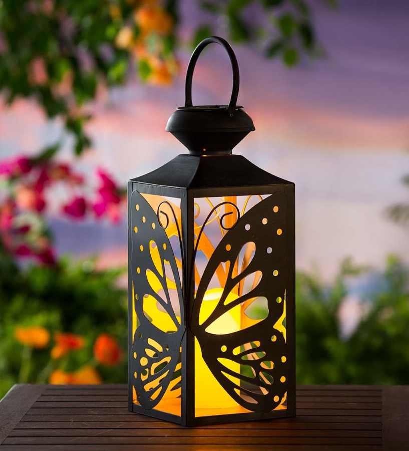 Solar Butterfly Metal Lantern with LED Candle