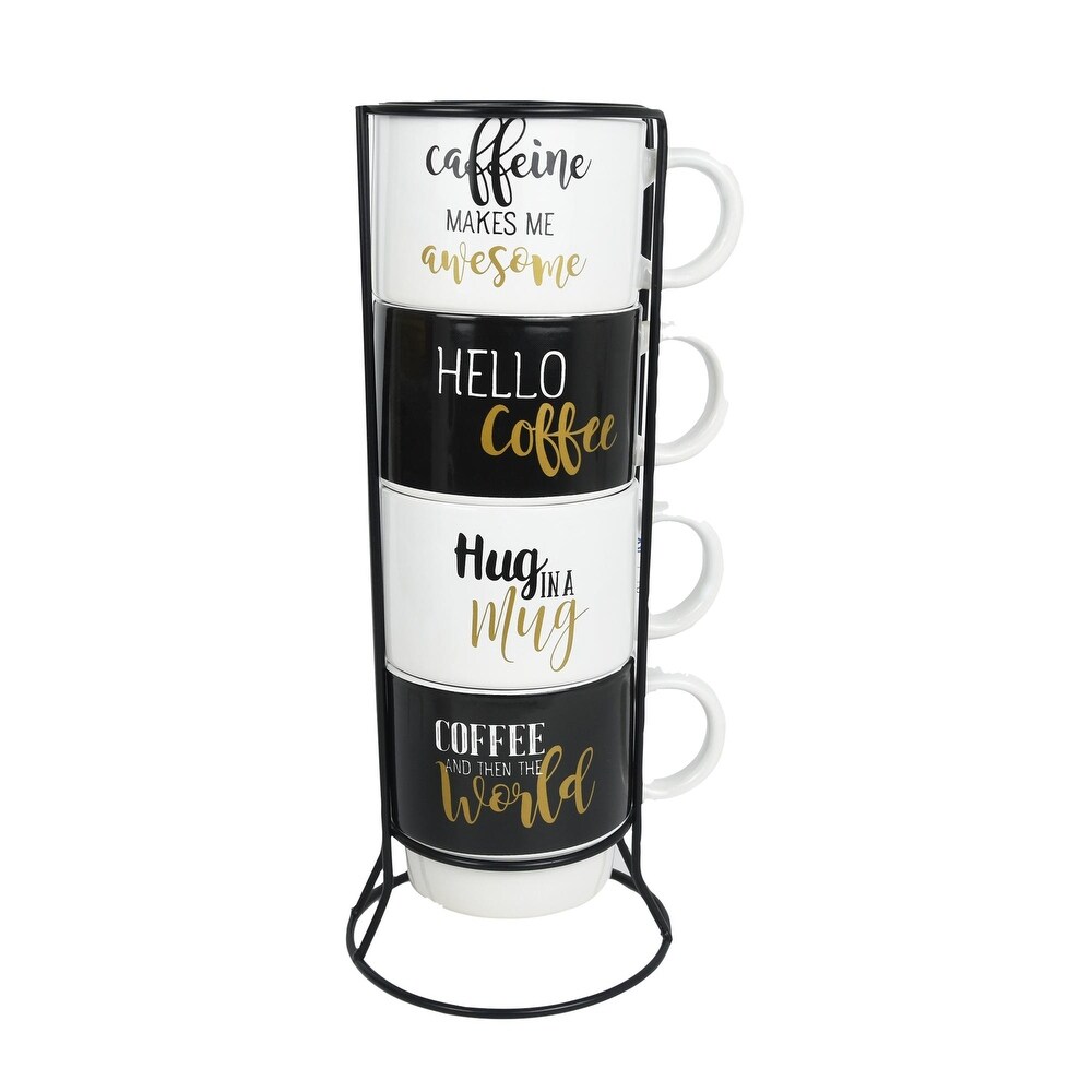 Coffee World Text Ceramic 4 Mug Set with Stackable Metal Rack