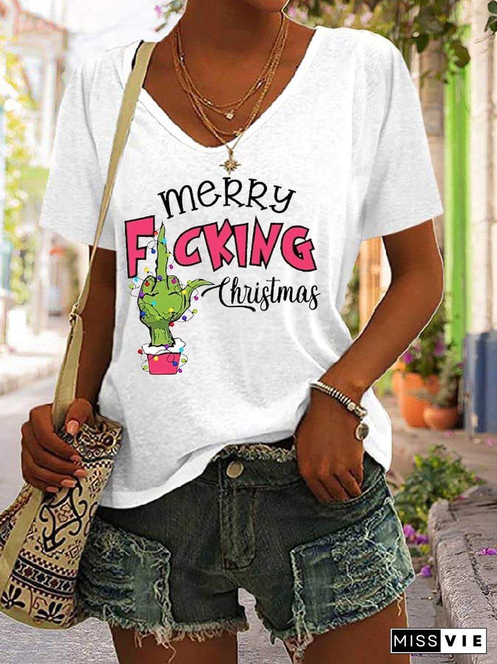 Women's Funny Merry F*cking Christmas Casual V-Neck Tee