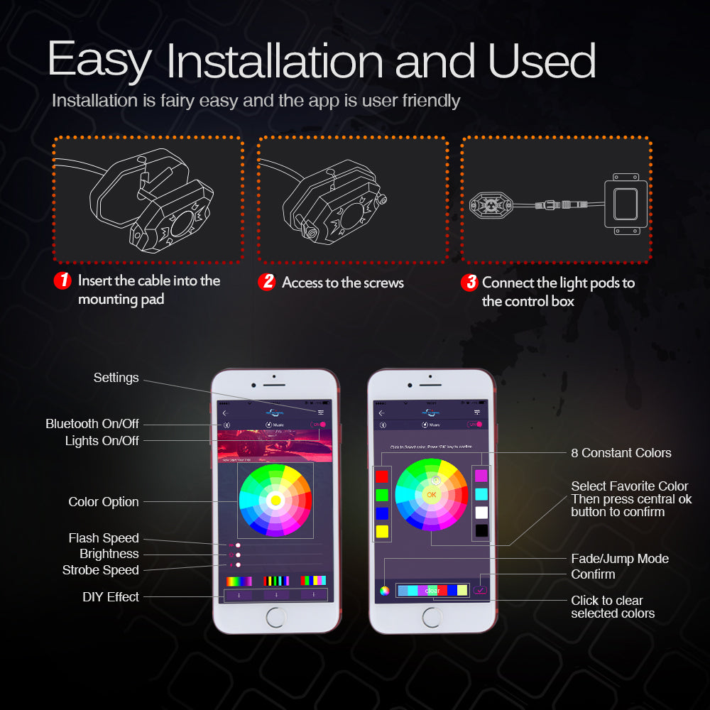 MICTUNING 8 Pods 2nd-Gen RGB LED Rock Light Kit with Bluetooth Controller Timing Funtion Music Mode