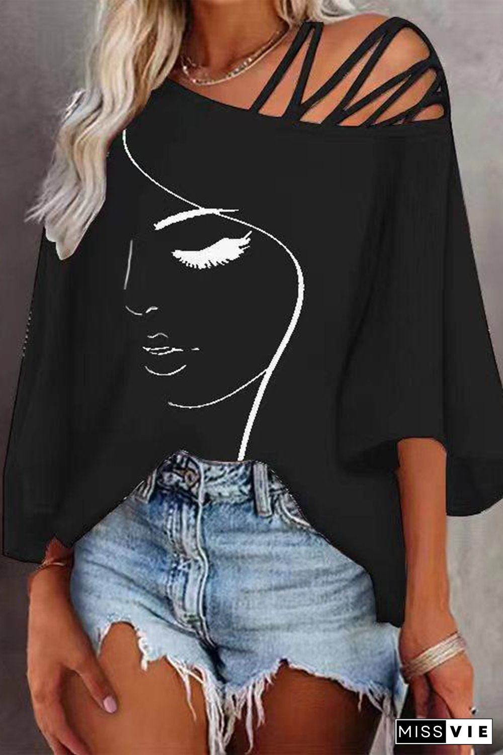 Figure Print Hollow Out Asymmetrical Neck Blouse