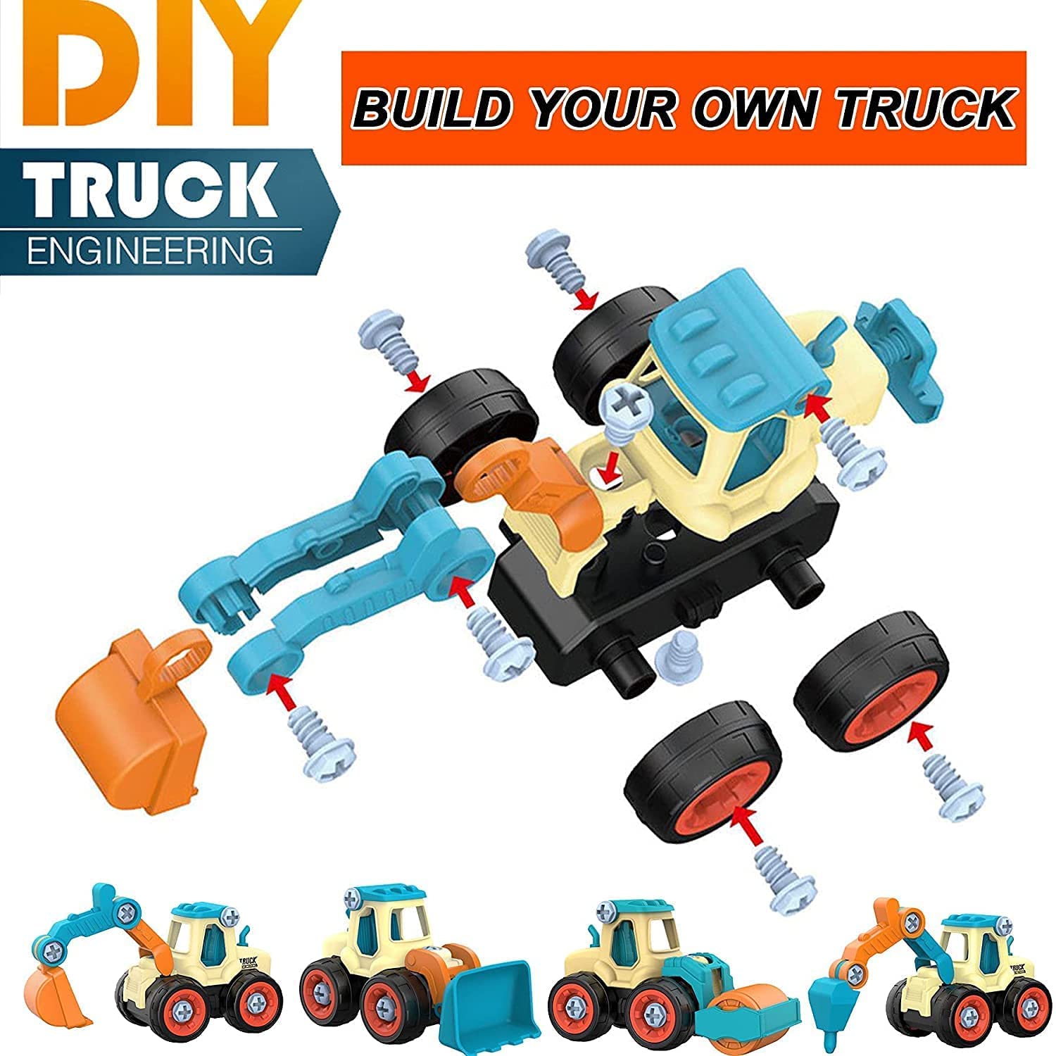 4 Pack Construction Truck Toys for Kids,Push Cars for Toddlers ,Take Apart the Outdoor Toy Car,Suitable Gifts for Boys Aged 1-5